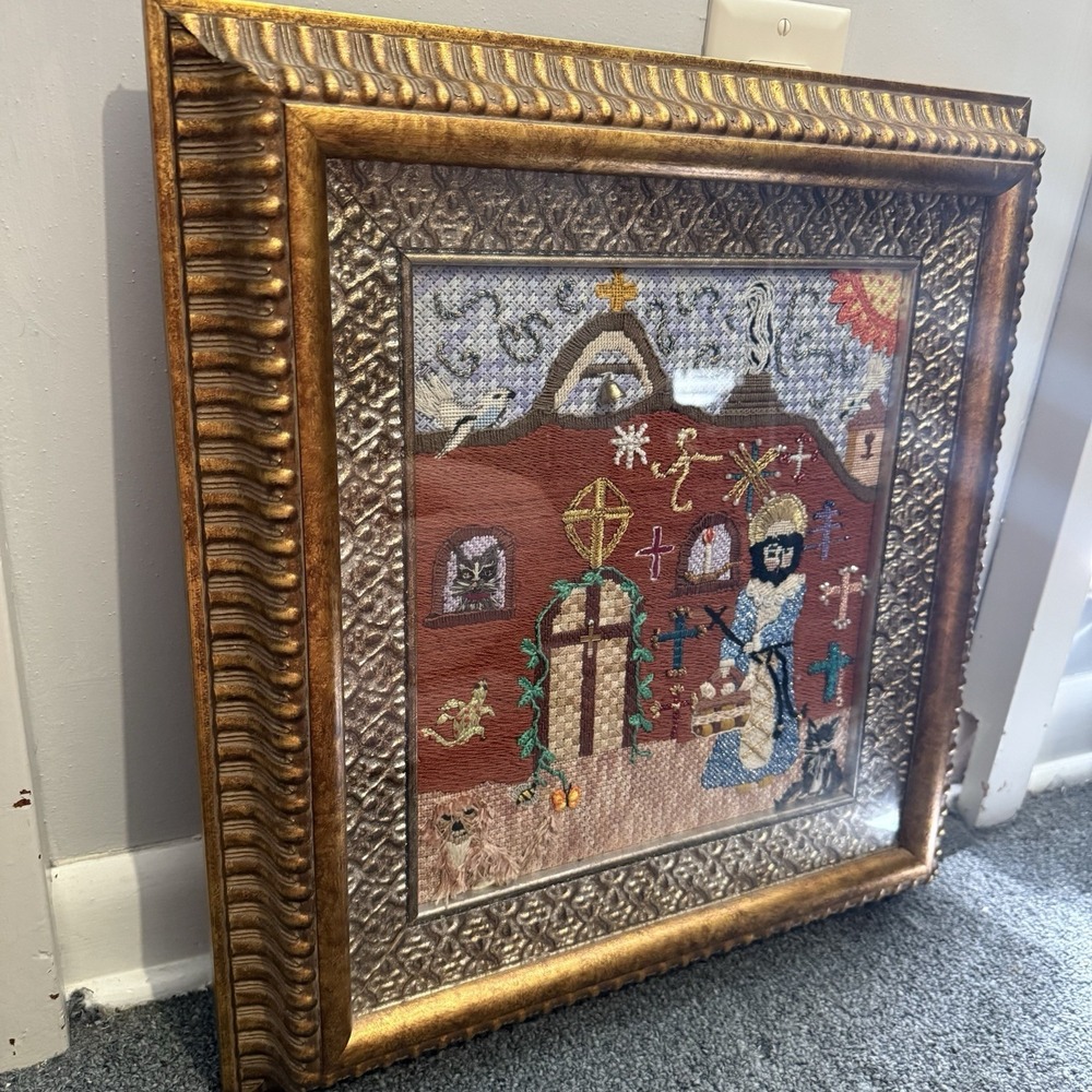 VTG Crewel Religious Needlepoint Priest‎ Saint Cats Dogs Wall Art 17"x16" Church - Picture 7 of 13